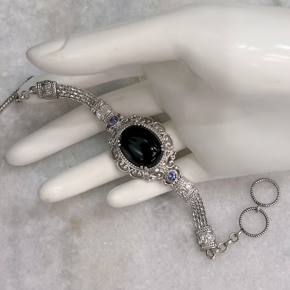 Black Jade and Tanzanite Toggle Clasp Sterling Silver Bracelet - Picture 3 of 15